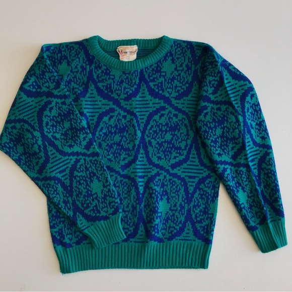 Knitcraft Canada Children's 90s Pullover Knit Sweater Vintage Teal/Blue Pattern - Picture 1 of 6